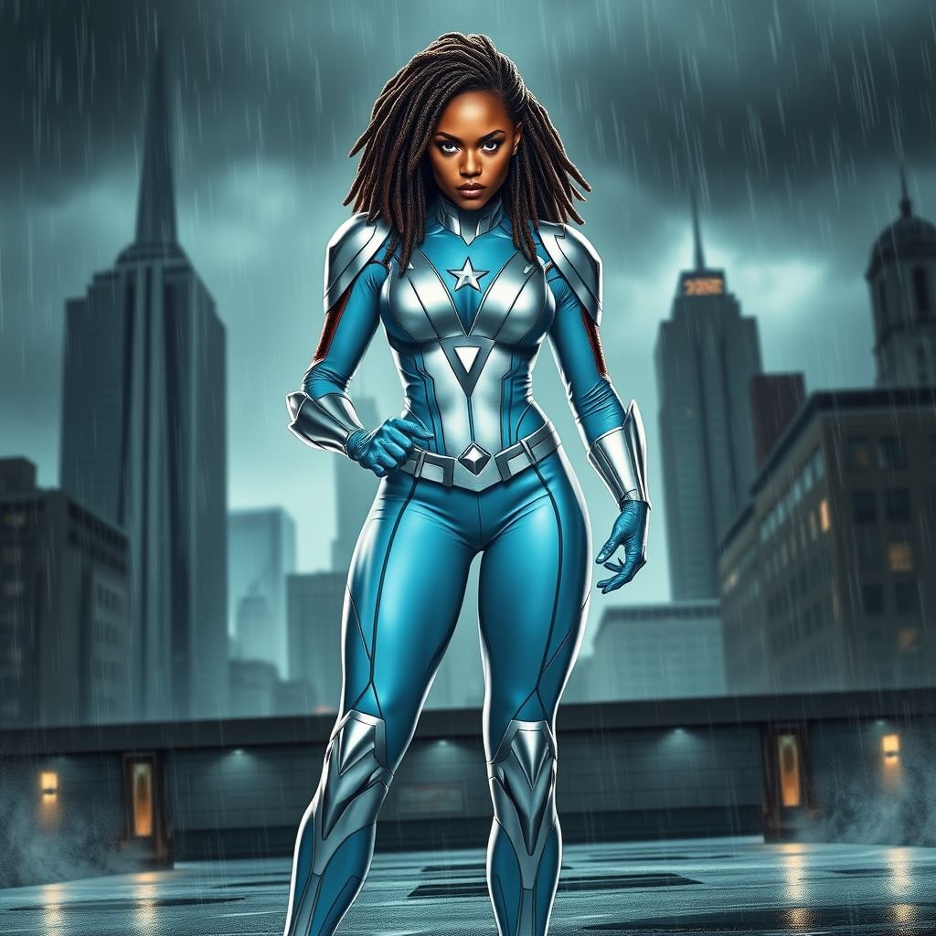 African American female superhero with locs in a shoulder length style wearing  a leather slightly armored light blue and silver suit with light blue pants and silver boots and a V as her chest emblem standing in Philadelphia during a storm