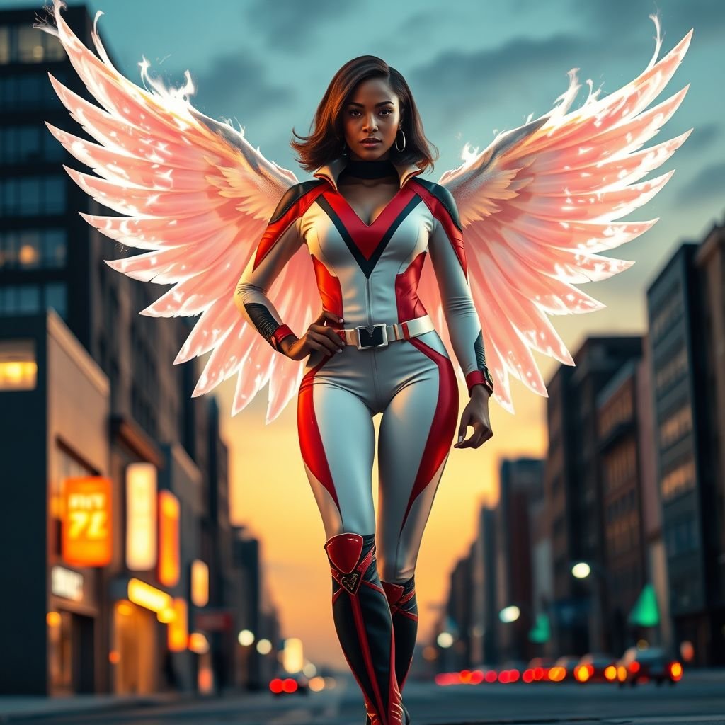 African American female superhero with shoulder length hair in a side part style and wings made of white fire  wearing a slightly homemade  white red and black suit with black pants with a stylized V as her chest emblem wearing red flat boots made of gold standing in Philadelphia at dusk