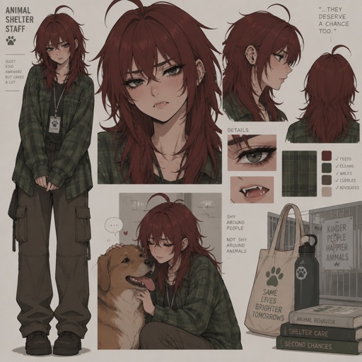 Female, straight wolfcut dark red hair, bangs, strand of hair sticking up on top of head, green flannel, dark mascara under eyes, sharp canines, pouty, shy, works in an animal shelter, concept,