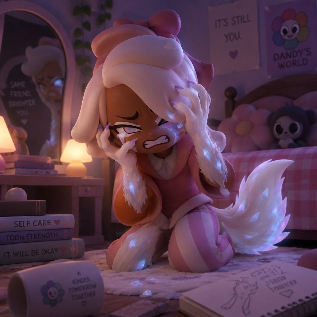 Ginger from Dandy’s world in her room trying to stop her transformation into a Opalite Werewolf