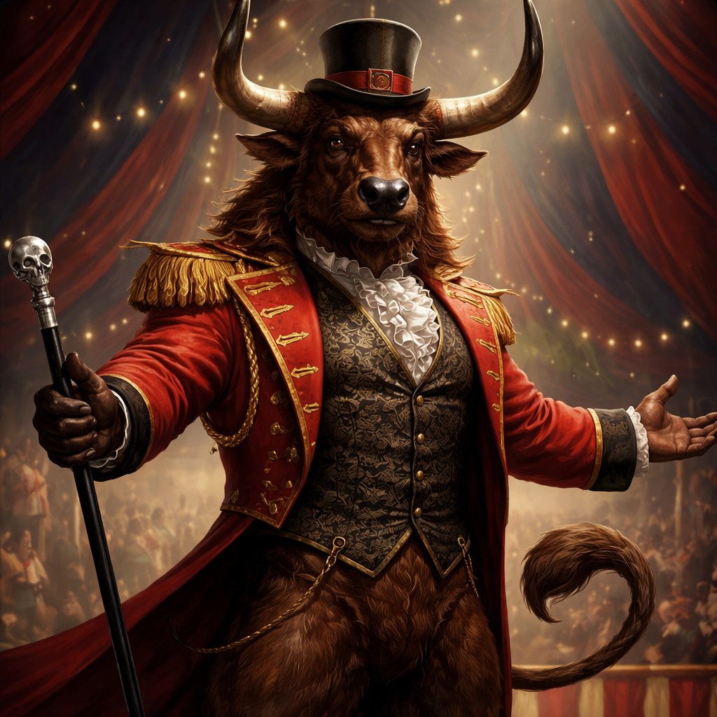 A male chestnut brown Minotaur with deep set cattle like brown eyes, large powerful gleaming horns like his fathers, a well~proportioned figure/body at lest 6 foot tall, long tail. He works at freak show as the ringmaster and his abilities are Reality Rejection, Time Manipulation (Chronokineses), Zoolingualism (Language of Cattle only), Human Speech. His mother is a human with half-animal (Cretan Cattle) physiology and his father is a Cretan Bull.