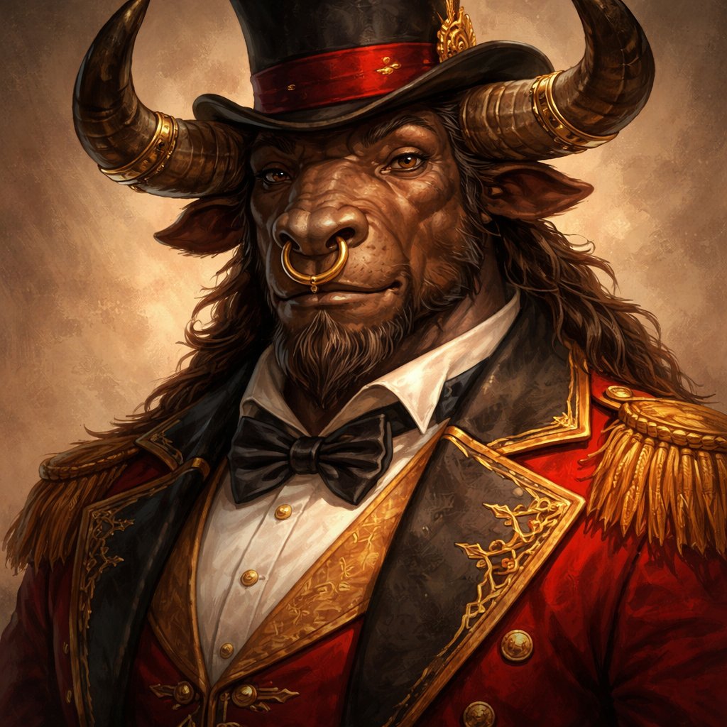 A medium brown Greek Minotaur with a well~proportioned figure that works at freak show as ringmaster. That has gifts/abilities like Reality Rejection, Time Manipulation (Chronokineses), Zoolingualism (Language of Cattle only), Human Speech.