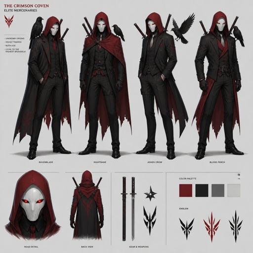 male Villian mercenary, red hood full white face mask, two swords on back, red eyes, crow, suit design, multiple of the same character 