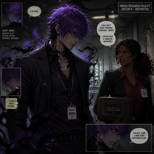 Anime style, Agent Ward a male, made in a secret lab to be best weapon and good at everything, highly skilled, be kept in check, emergency backup case he gets out of control, his hair messy bun color violet, clean shaven, yellow night vision eyes, sharp teeth, dark power energy from experiment, tired, tall, eyes sensitive to light, dangerous, intimidating, laugh like a maniac, cares about partner ruby rose she's dark skin serious plays by rules firm,them standing together ruby arguing to wards "stop being intimidating you're going to our suspect a hart attack!" Ward says "job goes faster" starts giggling, ruby warn ward " if you can't take this seriously l'll have to have you go in your room" ward sad expression says"i don't want that" ruby "ok let's do this I have somewhere to be " as a comic