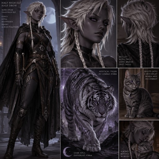 a half high elf half drow female who has a mystical tiger who can shift into a housecat when not in combat she has a mullet with two long braids(rat tails) she takes on more traits of a drow/dark elf then high elf