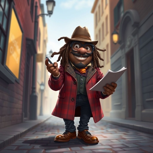 Create a funny fat character similar to Sherlock Holmes, but make him of black decent and with dread locks. Show his whole outfit including his shoes.