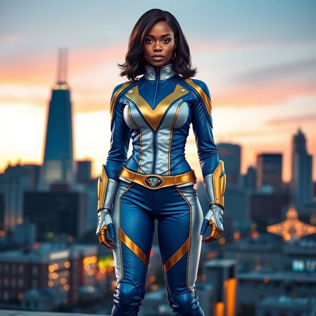 African American female superhero with shoulder length hair in a side part style and  wearing a homemade leather white and blue suit with gold accents and blue pants with a stylized V as her chest emblem wearing gold flat boots  made of gold fire standing in Philadelphia at dusk