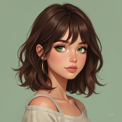 girl with brown hair, green eyes, olive skin, and side swept bangs
