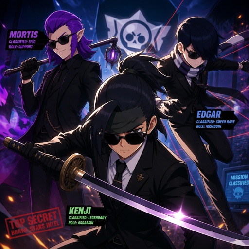 Kenji, Mortis, and Edgar from brawl stars as spy’s, dynamic poses