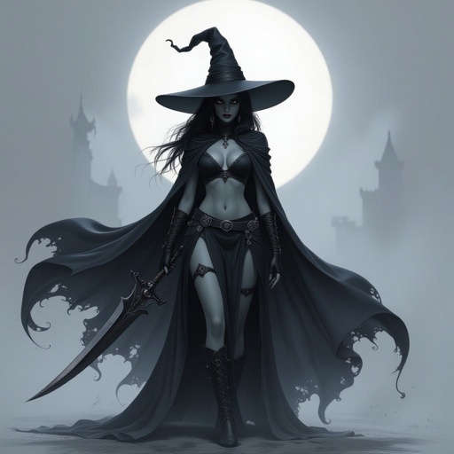 sexy shadow demon witch gypsy slate grey skin large black billowing cloak that emits darkness and shadow. Two piece. Witches Hat.  Wields Flamberge