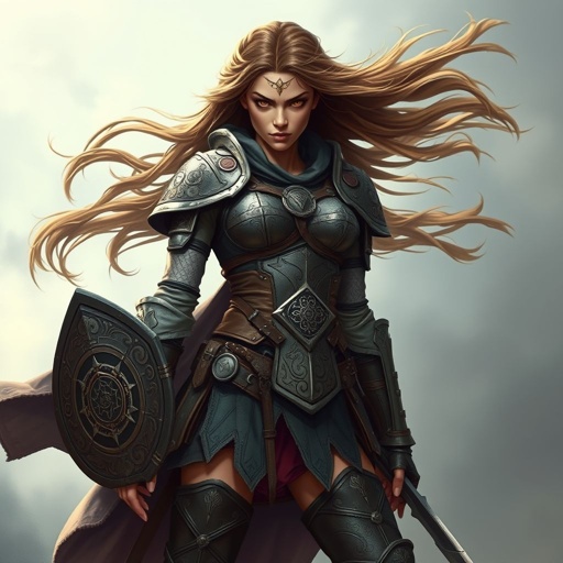 Create a warrior woman , show character shoes too