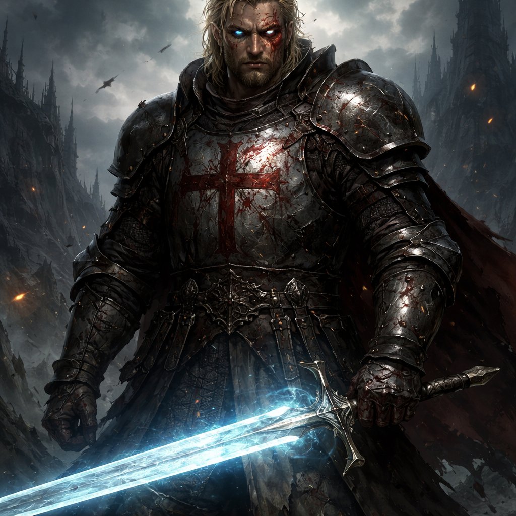 A male battle damaged crusade knight with heavy armor with a beard and a legendary sword blonde hair blue eyes and a large scar across his face tall and muscular with blood