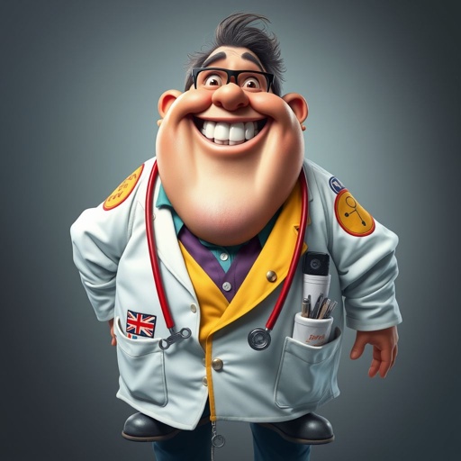 create a fat doctor. Who is funny human looking from head to toe. And he always immediately results to surgery for anything even small things. So please be sure to show his whole outfit head to toe. Make him have funny teeth 