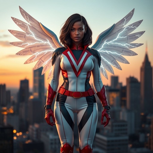 African American female superhero with shoulder length hair in a side part style and wings made of white lightning wearing a slightly homemade  white red and black suit with black pants with a stylized V as her chest emblem wearing red flat boots made of gold standing in Philadelphia at dusk