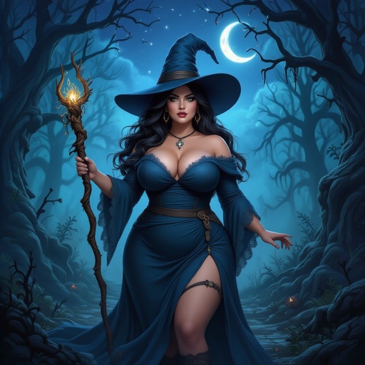 A full body portrait of a curvey plus size witch with long hair and a very dark grey-blue witch hat that matches with her dress with a wand in her hand, standing in a rotting forest