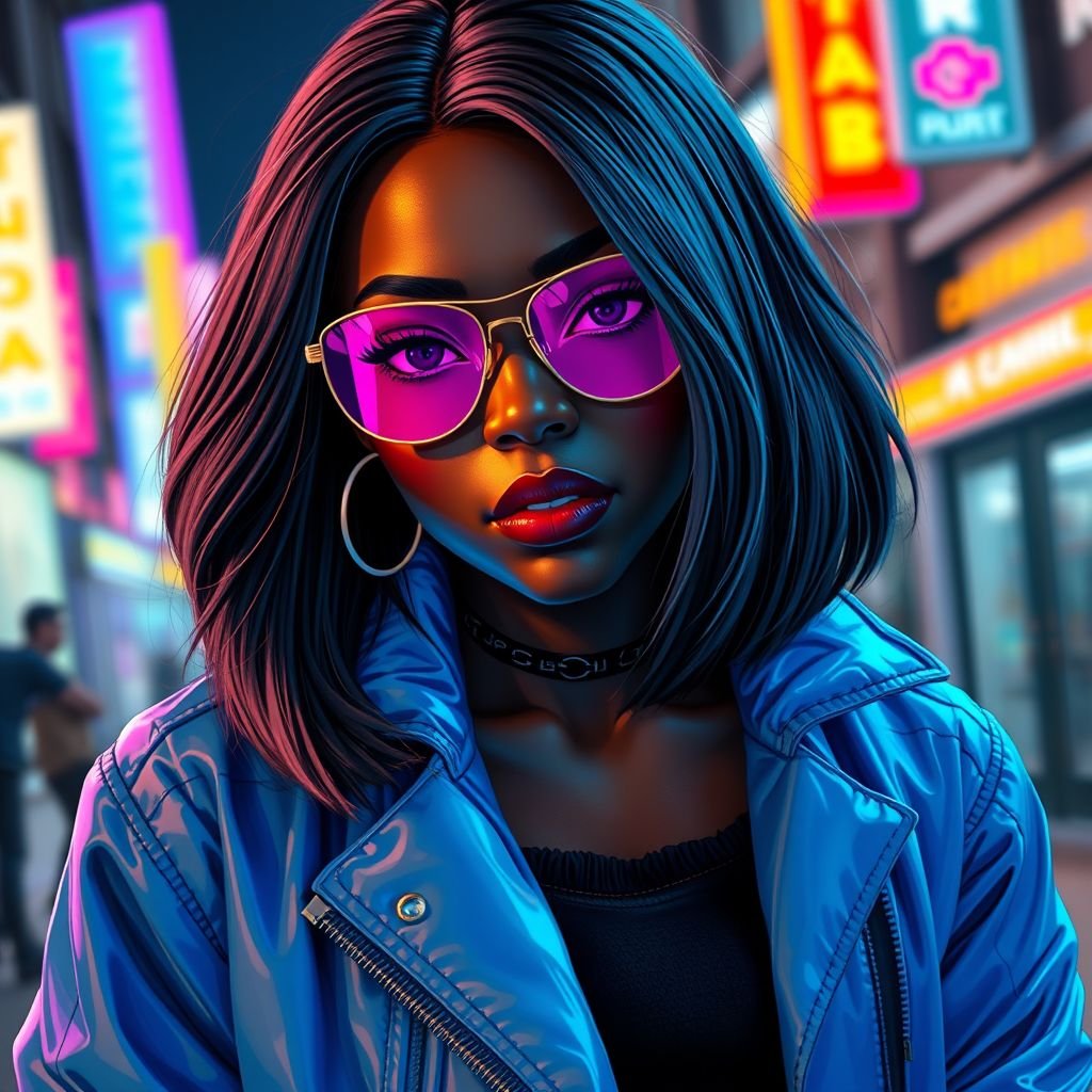 African American female cyberpunk with shoulder length hair in a layered side part style wearing a glowing blue jacket rose gold and purple shades and black jeans with black boots