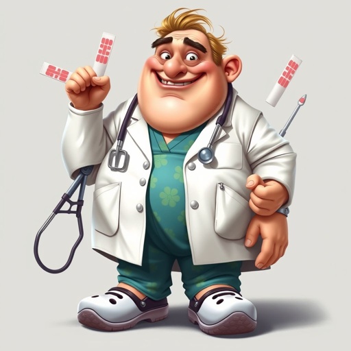 .. create a fat doctor. Who is funny human looking from head to toe. And he always immediately results to surgery for anything even small things. So please be sure to show his whole outfit head to toe. Make him have 1 tooth. Make it more adult humor instead of cartoon humor.