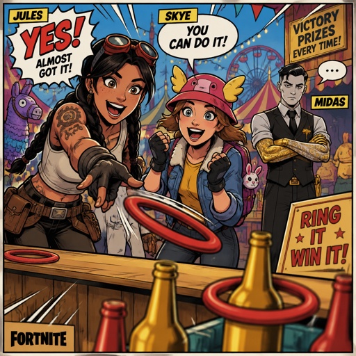 Jules from Fortnite and Skye from Fortnite playing carnival game, excited, Midas from Fortnite in the back arms crossed