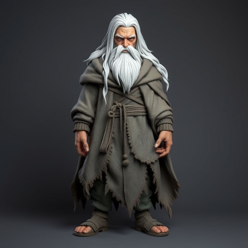 Create old character: The Silver-Eyed Wanderer – A tall, long beard hooded androgynous figure with hair that white. piercing silver eyes seem to see both past and present at once. a long, tattered cloak covered in stitched symbols from lands unknown. Show her whole body head to toe including her shoes.