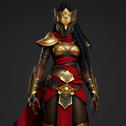 An African American woman wearing A full face female war mask with gold accents wearing a gold and silver set of chest armor with a red cloth wrapped around her waist wearing leather pants with leg armor and gold boots