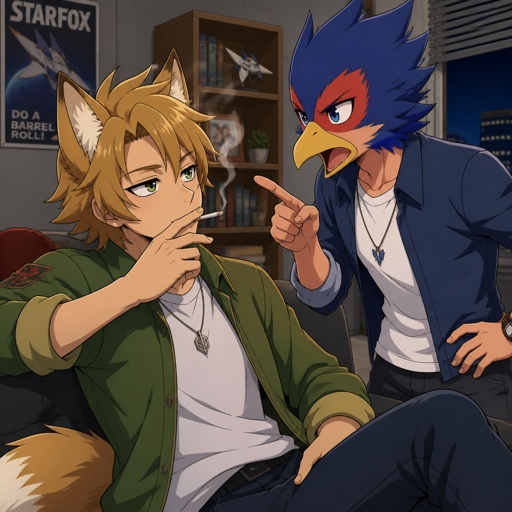 Super smash brothers Fox from star fox as a human, Falco from star fox as a human, fox smoking and Falco scolding fox for smoking 