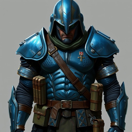 Man in metal blue military armor with amo strapped on his waist a cool shoulder pad leather strap across his chest and a really cool helmet that shows nothing of his face