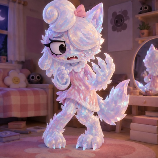a white furry animal standing on top of a rug