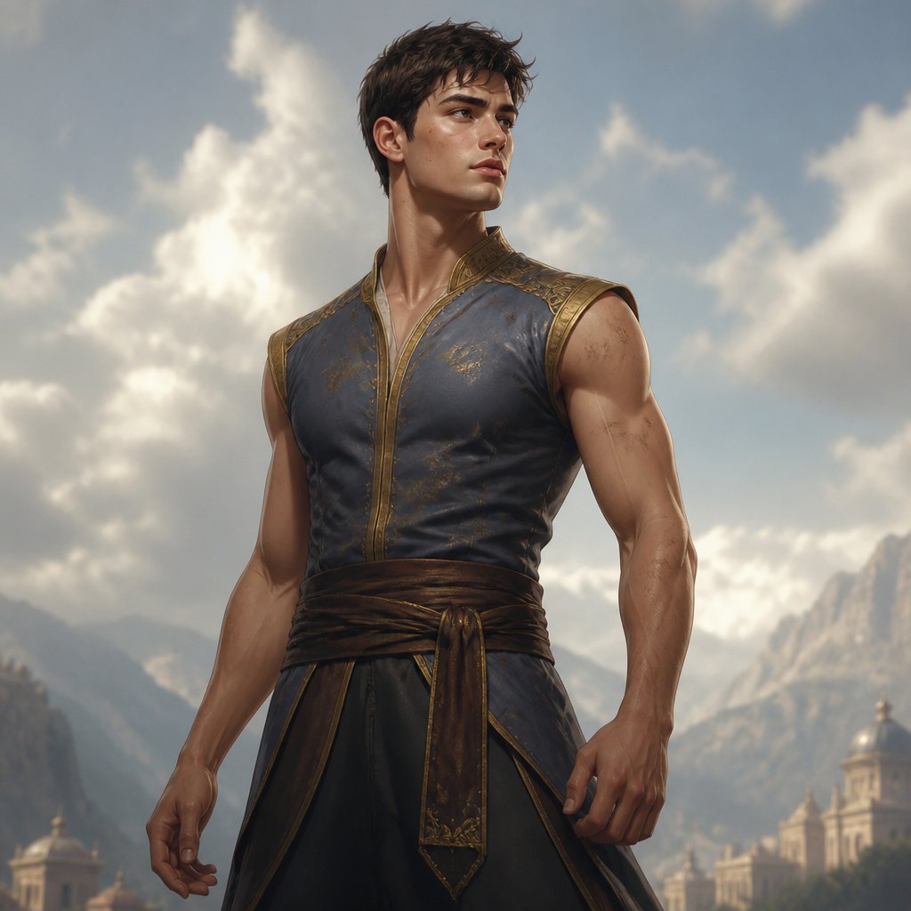 Young hero short hair fit build no weapons