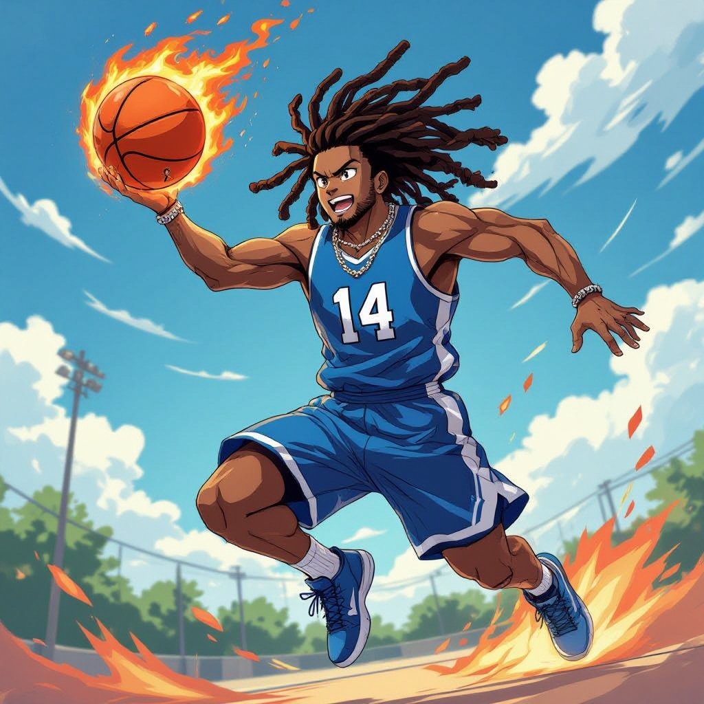 My character is a kind of muscular Latino guy with 12 big dreadlocks and a blue basketball jersey with the number 14 and a chain on his neck and he is jumping high in the air to dunk a fire ball
