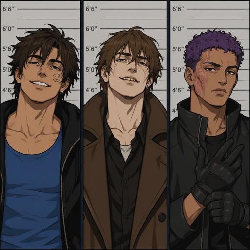 Male, neck length dark brown messy hair, no bangs, smiley face on cheek, dimples, grey eyes, eyebrow slit, blue tank top, black jacket, black necklace, Male, no facial hair, brown choppy messy hair undercut, smirk, pale, gold tooth, scar under eye, scar on cheek, brown long jacket, no facial hair, late 30s, tooth necklace, Male, short curly purple hair, burn scar on right cheek, light skin, grey eyes, black jacket, gloves, mug shots separate screens