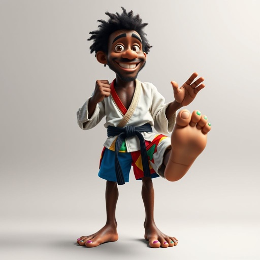 Create a character who looks like a funny African karate guy who doesn’t have a clue what he is doing. Make him have weird toes, only speedos on and a black karate belt.