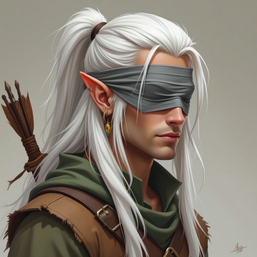 A tan elf male with white hair tied up into a ponytail, and a grey blindfold over his eyes