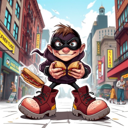 Create a funny looking clumsy thief with funny shoes on. Make him have on the bandit black thing around his eyes. And wanted for stealing sandwiches 
