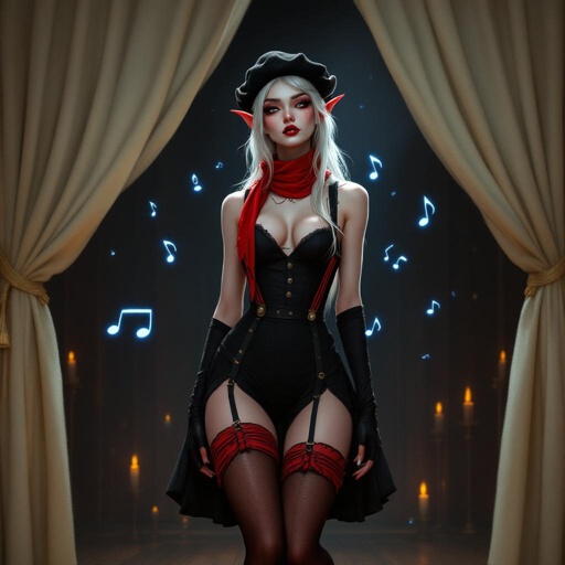 The image depicts a semi-realistic fantasy character performing on a softly lit stage. She’s a tiefling — a humanoid figure with small curved horns, pointed ears, and a slender tail tipped in dark red and black. Her skin is porcelain-pale, and her long silver-white hair flows past her shoulders beneath a black beret.

She wears a whimsical mime-inspired outfit: a sleeveless black and deep-red striped dress with suspenders, matching thigh-high stockings, and long gloves in the same pattern. A bright red neck scarf provides contrast, and her makeup exaggerates her expressive features — dark eyeshadow, vertical lines beneath her eyes, and small red lips parted in mid-song or gasp.

Around her, faint glowing blue musical notes spiral through the air, suggesting she’s singing or casting a magical performance. The background shows a wooden stage framed by ivory curtains and soft candlelight, giving the entire scene a theatrical, vintage cabaret atmosphere.

The overall mood blends elegance, whimsy, and a hint of melancholy — as if this performer’s music carries both laughter and longing.
