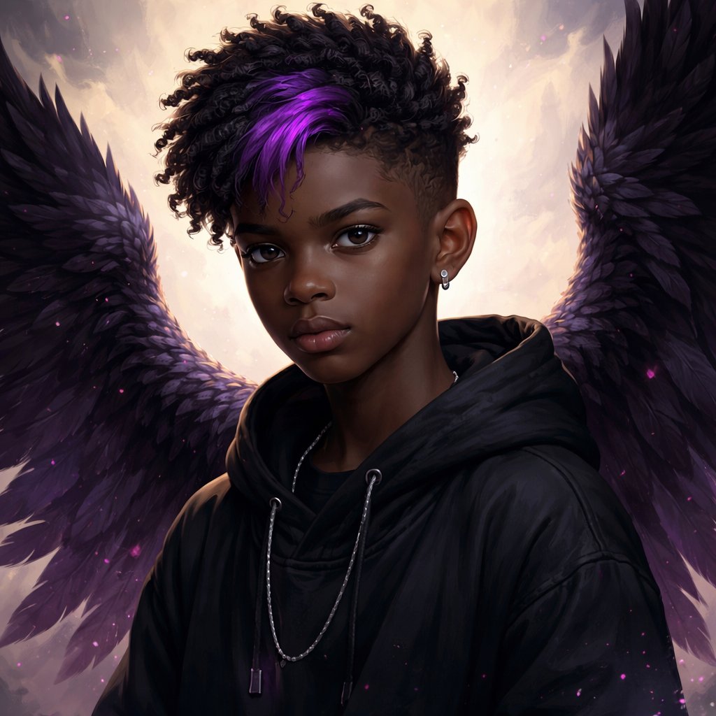 Dark skin boy with a purple streak in his hair and wings