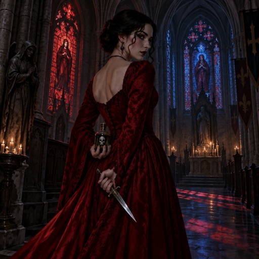 Woman in a scarlet dress with a knife and a bottle of poison behind her back 