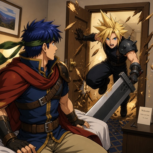 ike from super smash bros in a hotel room cloud from final fantasy 7 breaking through the door