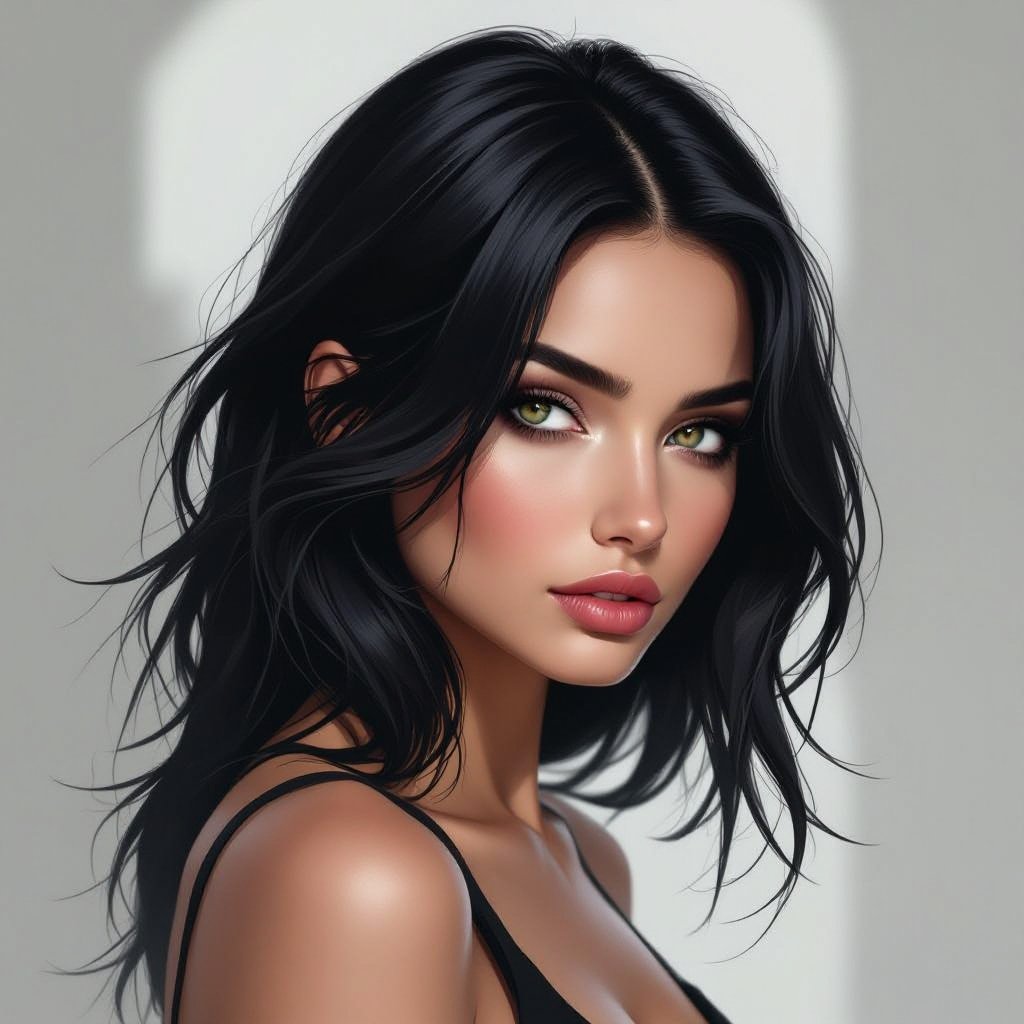 Show character head to toe. Create mysterious woman jet-black hair is cut sharpand her eyes seem to pierce through darkness. A shadowy aura clings to her form,