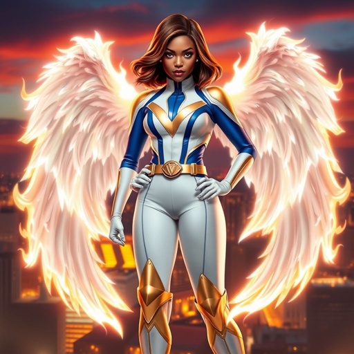 A teenage African American female superhero with brown hair with gold highlights in a shoulder length side part hairstyle with pure Gold Glowing eyes wearing a white suit with gold and royal blue with white pants and gold and white knee length boots with a utility belt with a gold V as her chest emblem with glowing wings made of white fire in Philadelphia