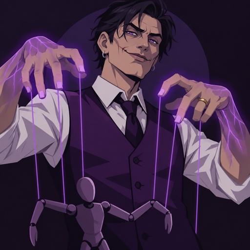 Male, slim, black messy hair, brushed side hair, scar on upper and lower lip, ear piercing ring, mid 40s, glowing purple hands, purple glowing veins, smiling, bad guy, purple vest, white shirt, wedding ring, puppeteer