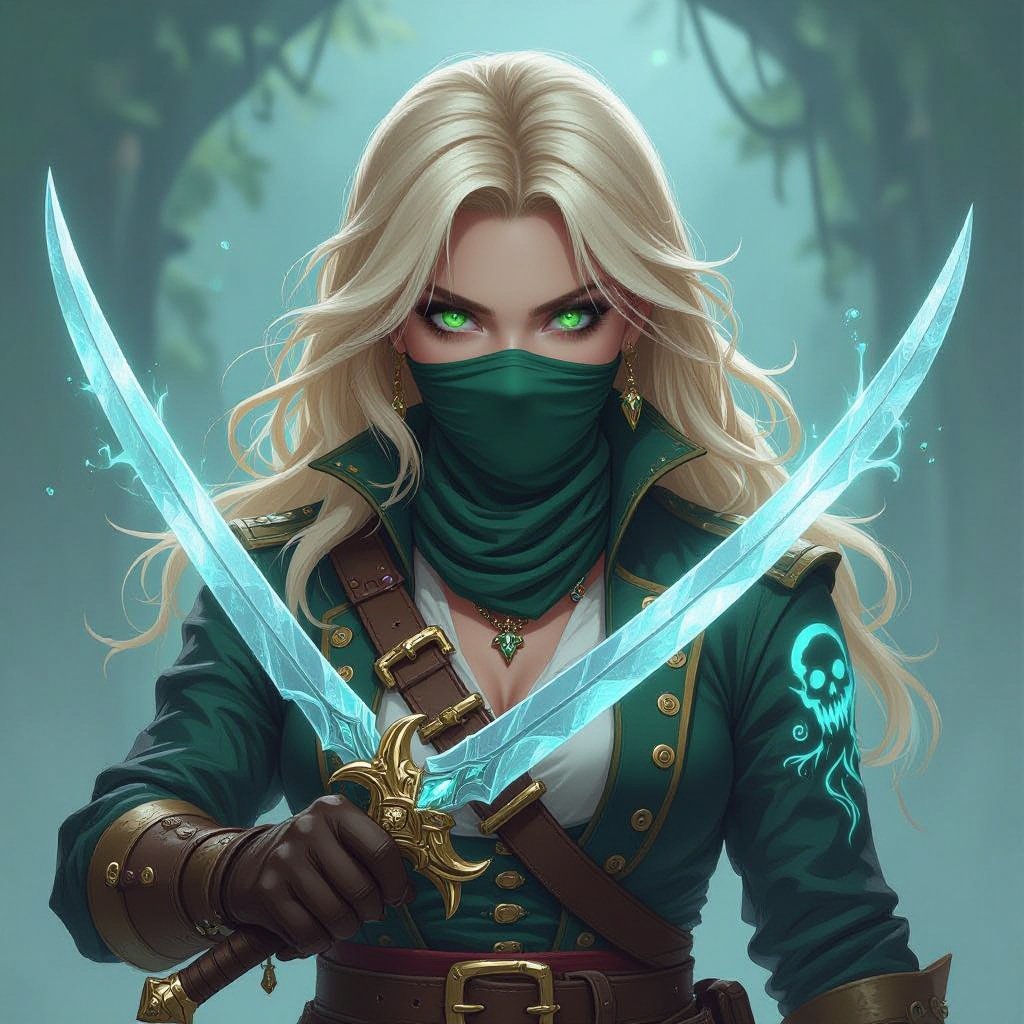 5’7” tall blonde hair almost white bright green eyes human keeps face covered 130 lbs Ghost form tattoo on right arm Duel wielding crystal rapier blades rouge pirate captain