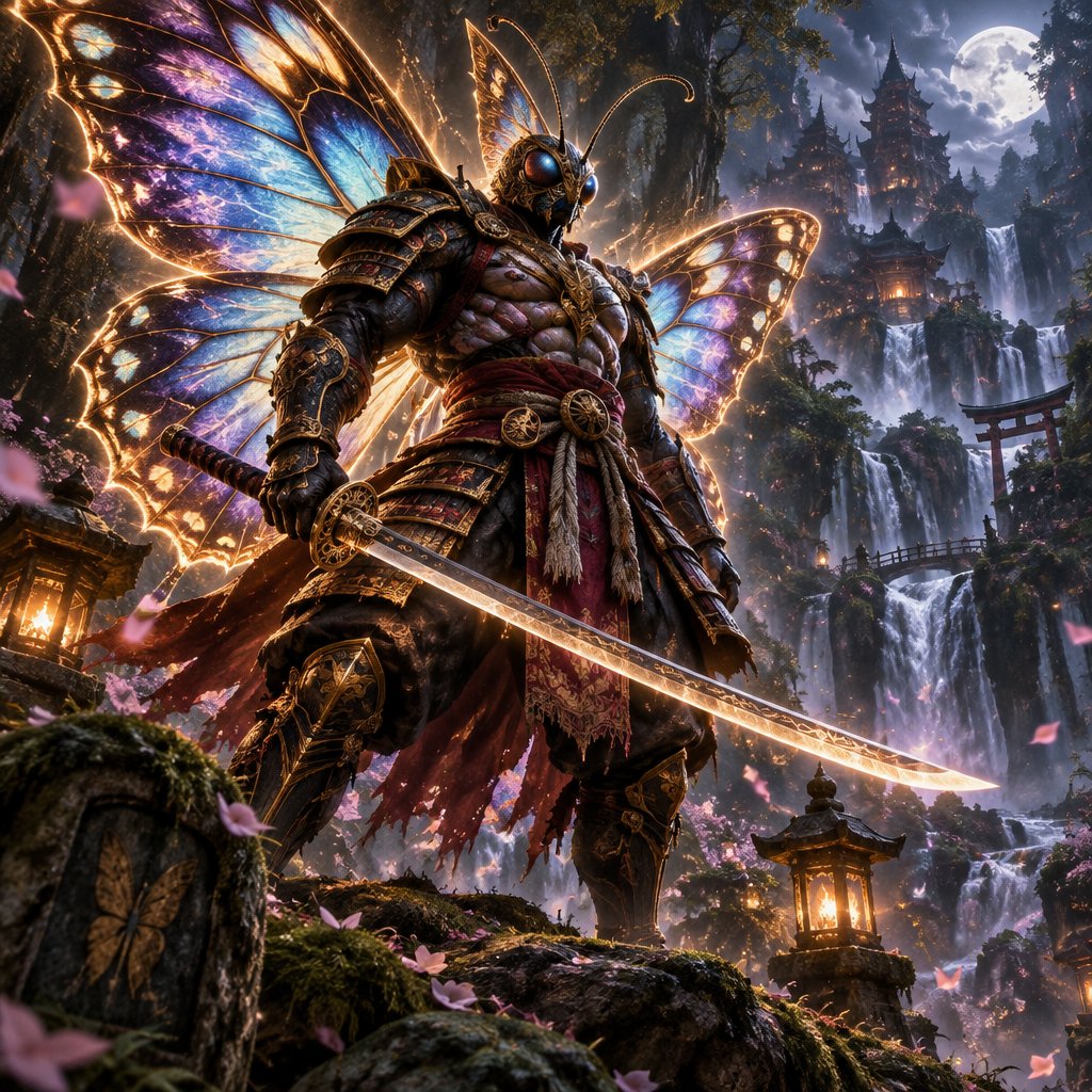 A muscular super samurai warrior butterfly.
