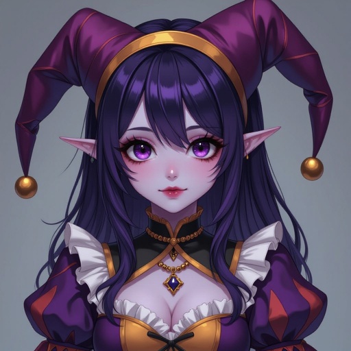 Tifling eldrich knight with purple skin, big black eyes and dressed as a jester