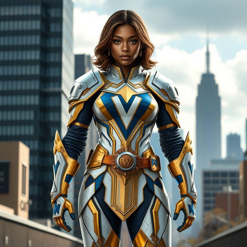 A teenage African American female superhero with slightly curly hair in a shoulder length side part style  wearing a slightly medievally armored white and Gold suit with blue accents and a stylized V as her chest emblem a utility belt and gold boots standing in Philadelphia  