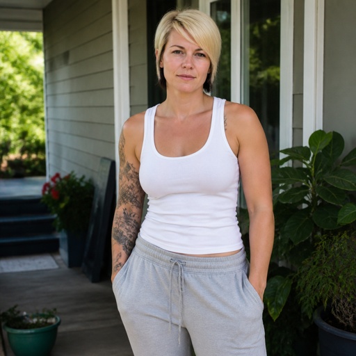 Adult girl with short  blond hair with black tips wearing a tank top and sweatpants 