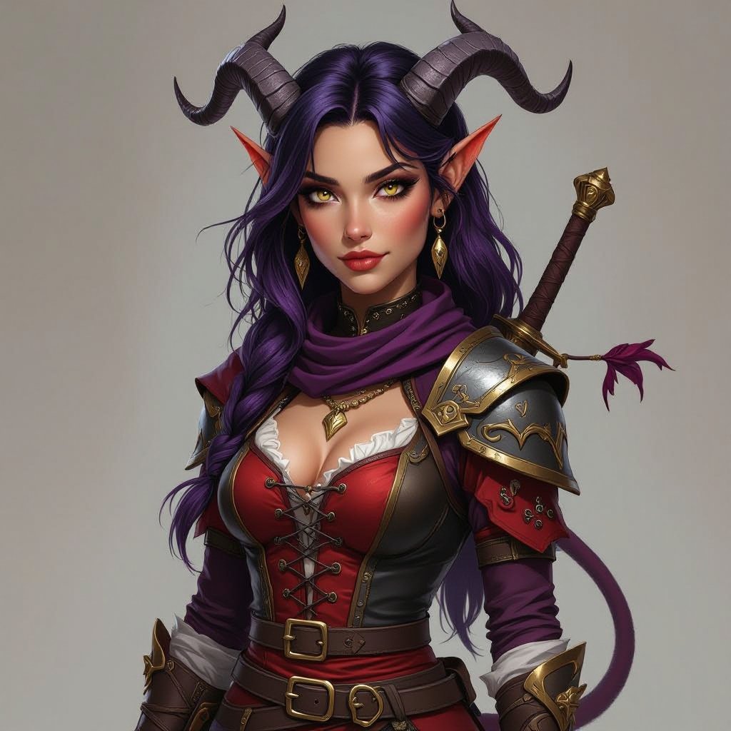Larissa is a teething bard with a sage background. She has medium armor uses a short sword. She’s about 5 foot 10 has black purple hair with a single silver streak on the left side. She has gold eyes. She likes leather, red and copper. Her skin is brown. Her horns are small and she wraps her hair around them to hide her horns. She has a thick agile tiefling tail