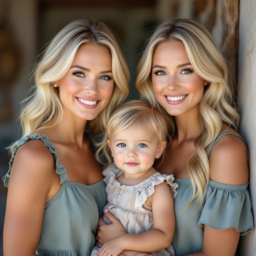 Twin women’s with blond hair and their twin children 