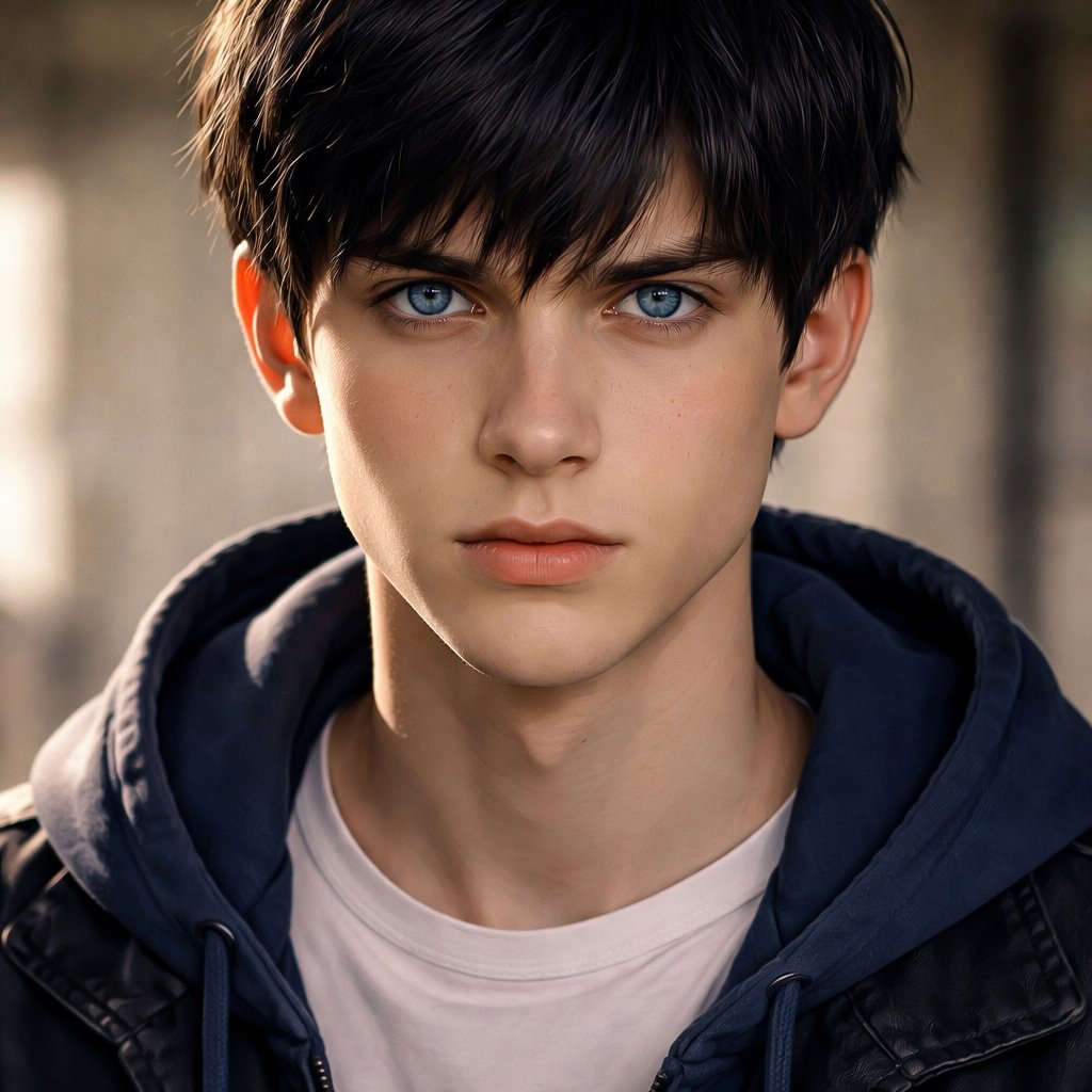 A 19 year old boy who has black hair and blue eyes. He looks determined. His hair goes down to both of his ears.