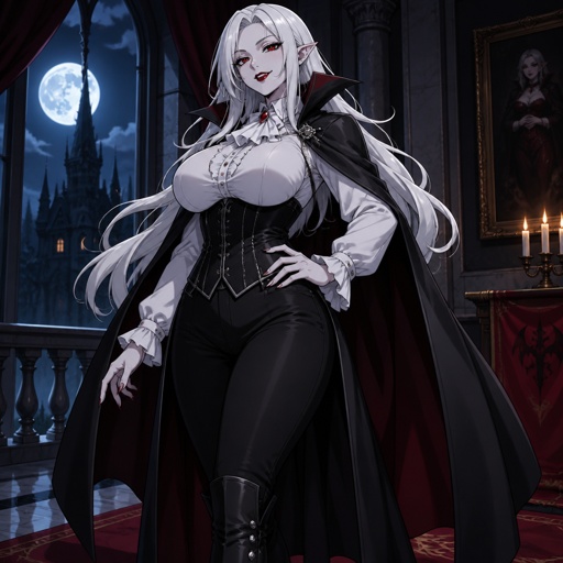 A voluptuous and busty female vampire. She has long white hair, red eyes, white skin, pointed ears, black eye shadowing, and red lipstick, and is dressed in black pants, black boots, a white long-sleeved shirt, a white jabot, a black corset, and a long black cape. 