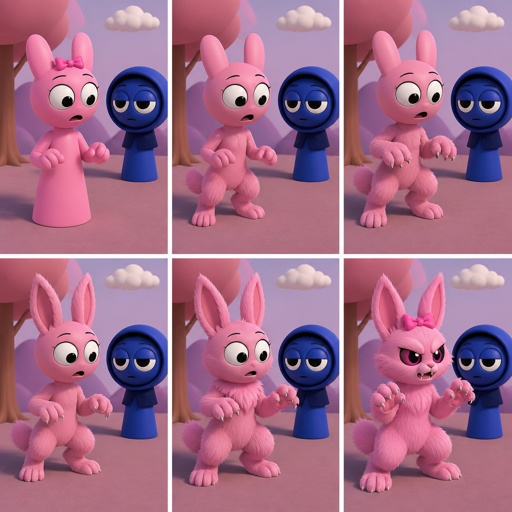 Pinki from sprunki starting to turn into her kind Wererabbit self in front of Jevin from sprunki with her legs and tail transforming and then her arms and then her ears and her neck gets fluffy and then she’s fully transformed with her eyes being black and pink